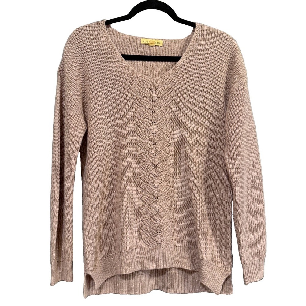 Mesh + Lace Dusty Light Mauve & Gold Cable Knit Sweater Size L